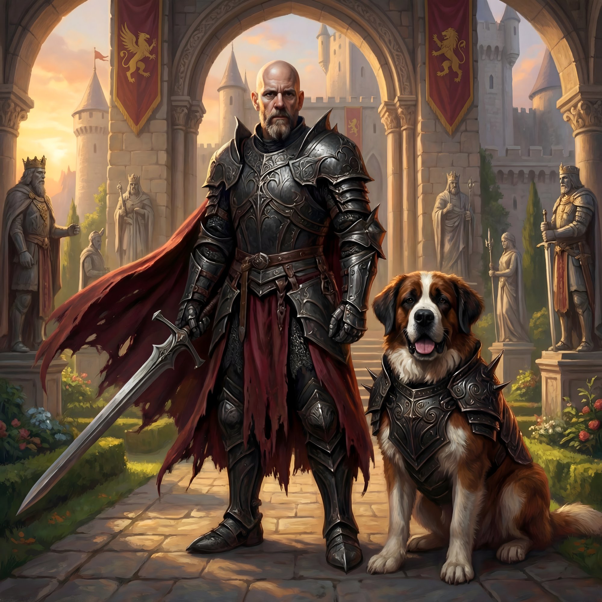 The King and Sir Monty stand at the castle gate, ready to welcome you