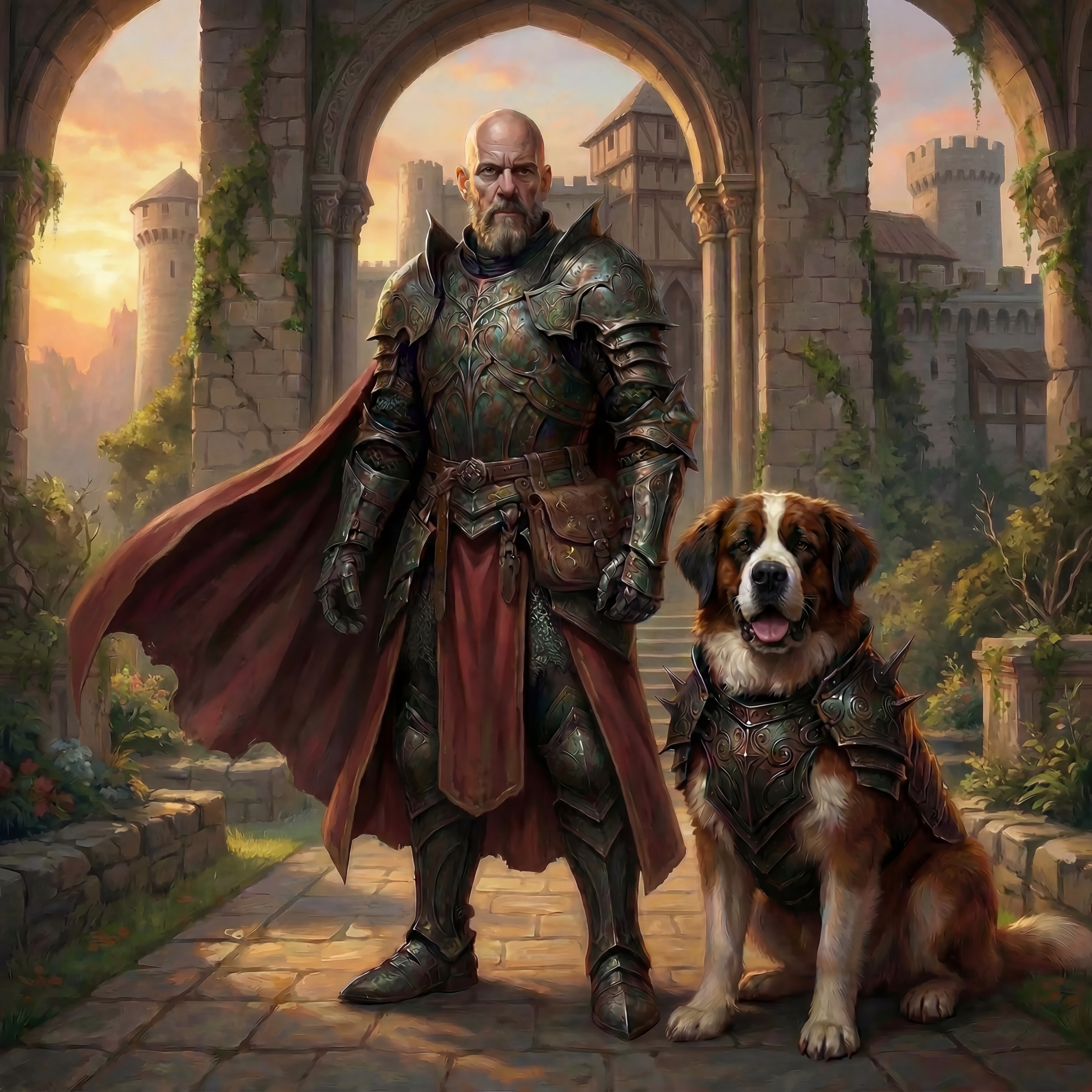 The King and Sir Monty stand at the castle gate, ready to welcome you