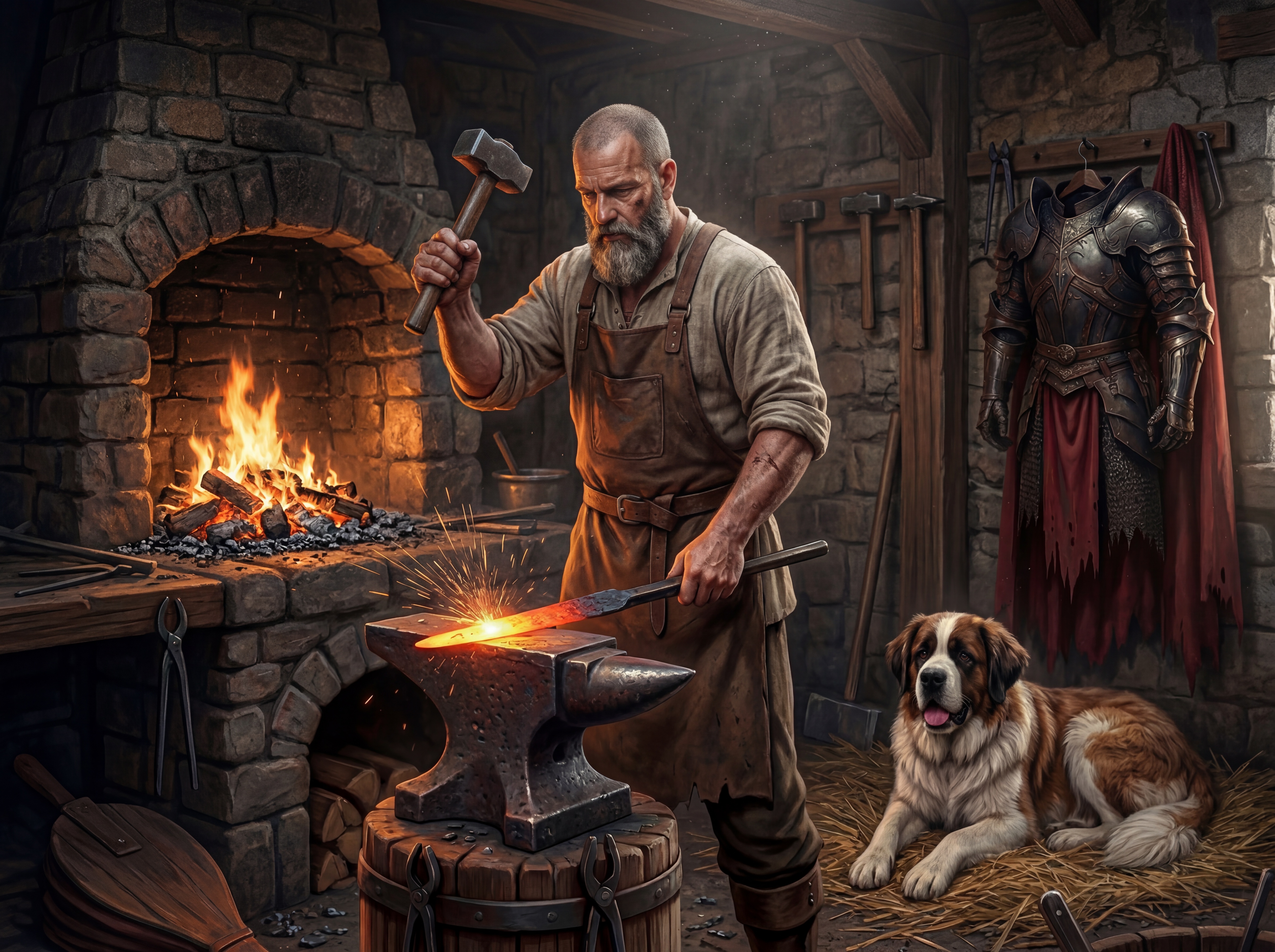The King at the anvil, hammer raised, forging steel by firelight while Sir Monty watches